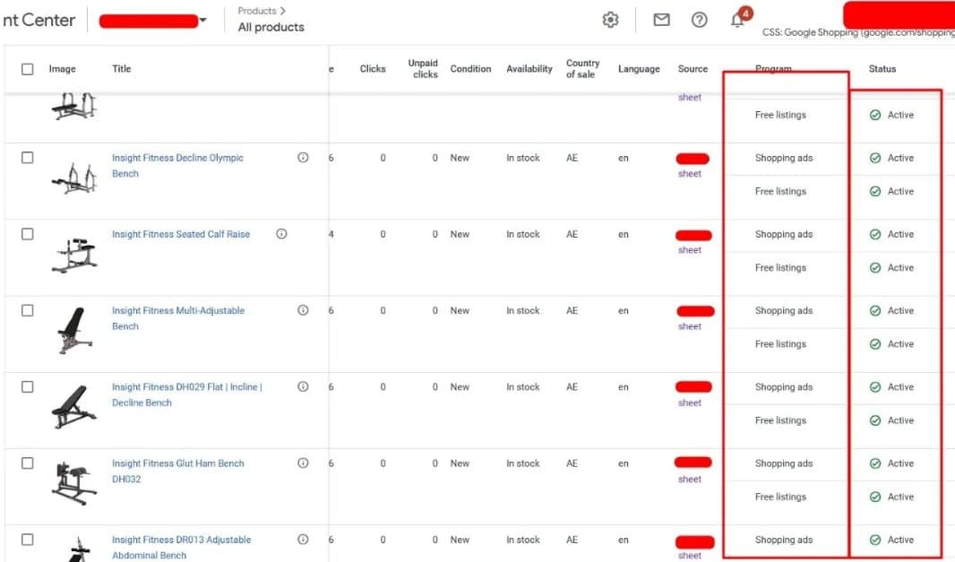 Google Merchant Center product feed for a fitness equipment brand with Shopping ads and free listings marked Active